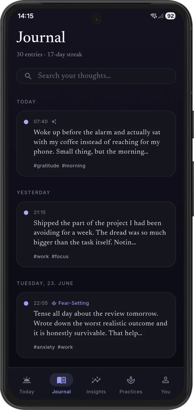 Ponder journal entries on Android, structured daily reflections